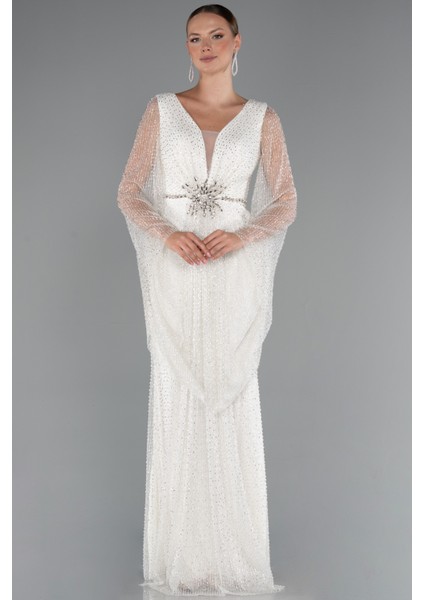 Simli Uzun Kol Beli Taşlı Özel Tasarım Abiye ABU5230 fiyatları