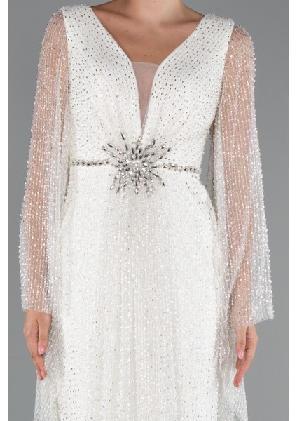 Simli Uzun Kol Beli Taşlı Özel Tasarım Abiye ABU5230 fırsatları