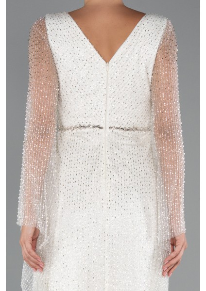 Simli Uzun Kol Beli Taşlı Özel Tasarım Abiye ABU5230 indirimleri