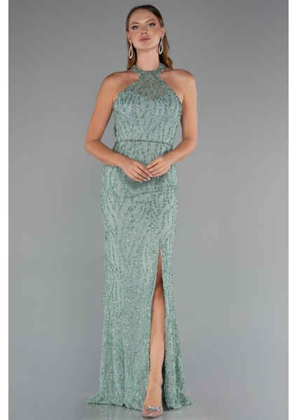 Halter Yaka Bacak Dekolteli Uzun Simli Abiye ABU5213