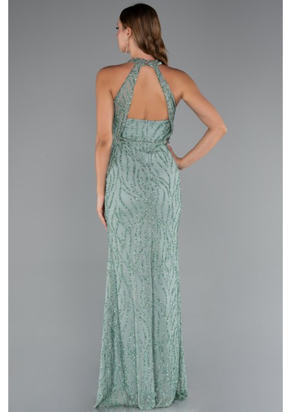 Halter Yaka Bacak Dekolteli Uzun Simli Abiye ABU5213 fiyatları