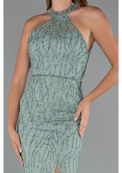 Halter Yaka Bacak Dekolteli Uzun Simli Abiye ABU5213 modelleri