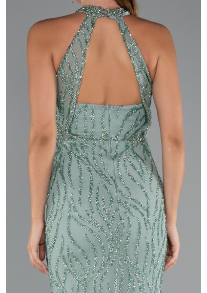 Halter Yaka Bacak Dekolteli Uzun Simli Abiye ABU5213 fırsatları