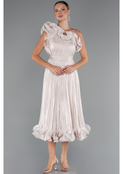 Fırfırlı Tek Omuz Midi Şifon Abiye Elbise ABK2434