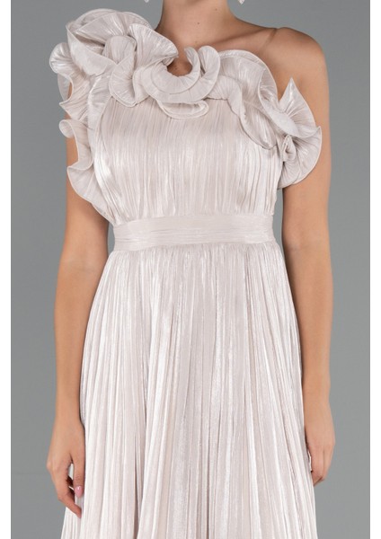 Fırfırlı Tek Omuz Midi Şifon Abiye Elbise ABK2434 modelleri