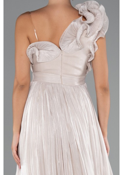 Fırfırlı Tek Omuz Midi Şifon Abiye Elbise ABK2434 fırsatları