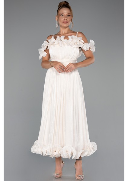 Fırfırlı Kayık Yaka Midi Şifon Davet Elbisesi ABK2425