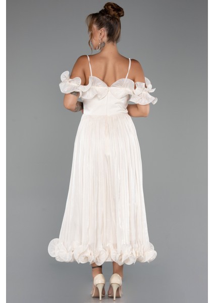 Fırfırlı Kayık Yaka Midi Şifon Davet Elbisesi ABK2425 fiyatları