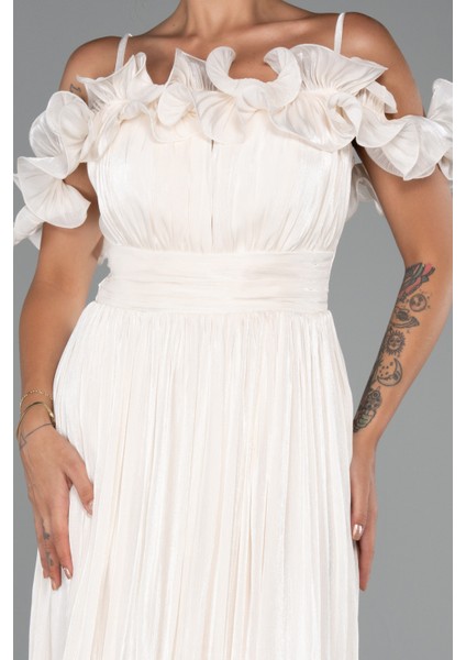 Fırfırlı Kayık Yaka Midi Şifon Davet Elbisesi ABK2425 modelleri