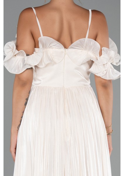 Fırfırlı Kayık Yaka Midi Şifon Davet Elbisesi ABK2425 fırsatları