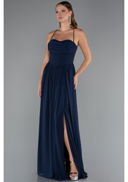 Sırt ve Bacak Dekolteli Uzun Şifon Abiye ABU5223