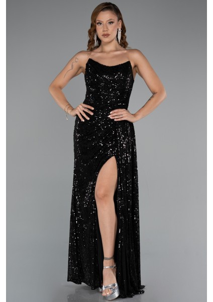 Straplez Yırtmaçlı Uzun Pullu Abiye Elbise ABU5167