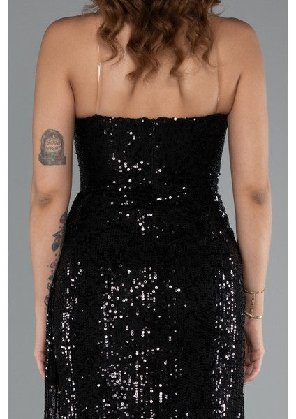 Straplez Yırtmaçlı Uzun Pullu Abiye Elbise ABU5167 fırsatları