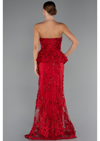 Straplez 3D Çiçek Işlemeli Peplum Uzun Abiye ABU5249 fiyatları