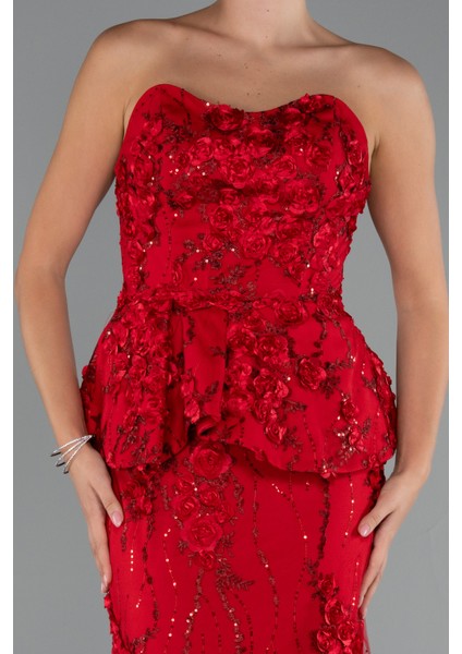 Straplez 3D Çiçek Işlemeli Peplum Uzun Abiye ABU5249 modelleri