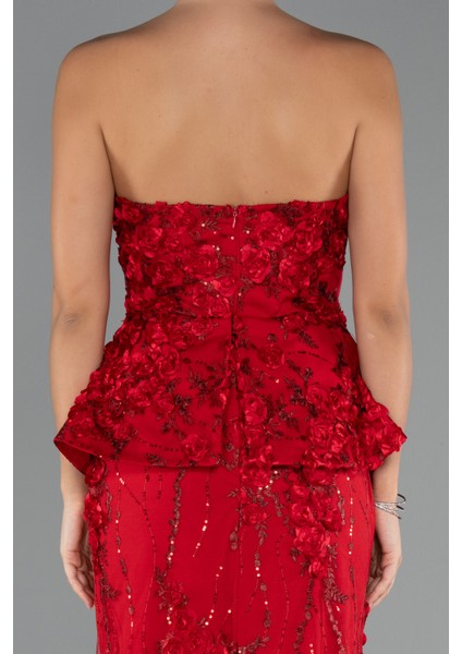 Straplez 3D Çiçek Işlemeli Peplum Uzun Abiye ABU5249 fırsatları