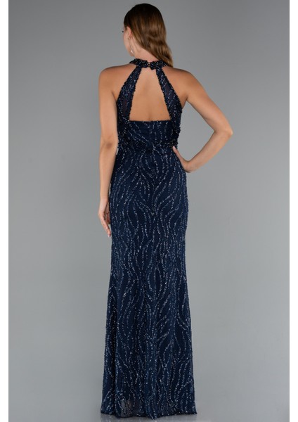 Halter Yaka Bacak Dekolteli Uzun Simli Abiye ABU5213 fiyatları