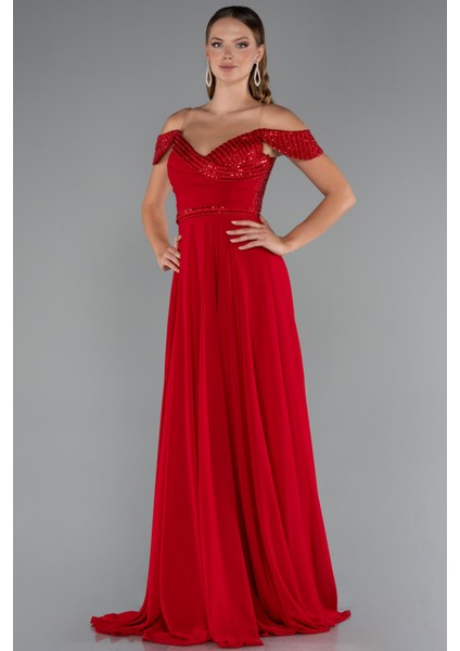 Pullu Kayık Yaka Uzun Şifon Abiye Elbise ABU5225