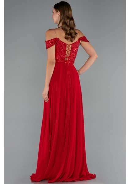 Pullu Kayık Yaka Uzun Şifon Abiye Elbise ABU5225 fiyatları