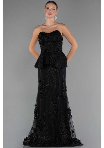 Straplez 3D Çiçek Işlemeli Peplum Uzun Abiye ABU5249