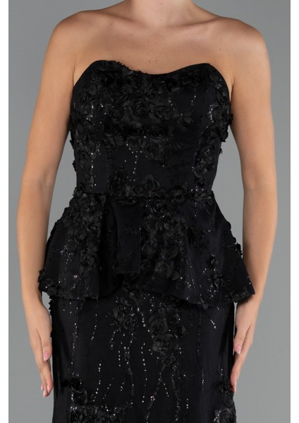 Straplez 3D Çiçek Işlemeli Peplum Uzun Abiye ABU5249 modelleri