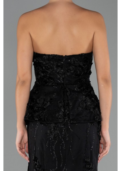 Straplez 3D Çiçek Işlemeli Peplum Uzun Abiye ABU5249 fırsatları