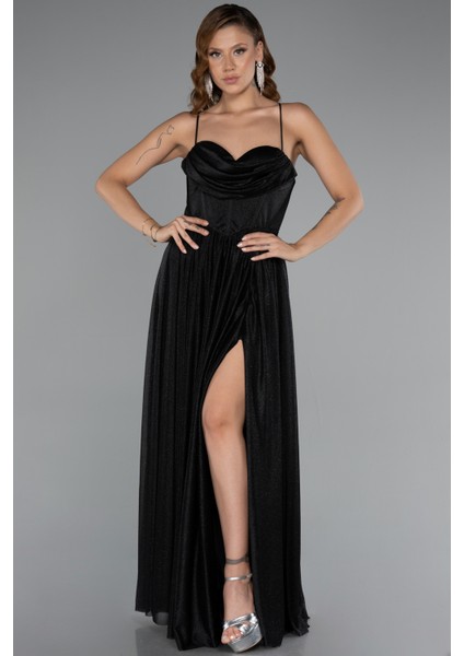 Bacak Dekolteli Balenli Uzun Simli Abiye Elbise ABU5175