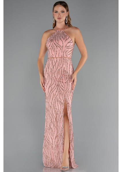 Halter Yaka Bacak Dekolteli Uzun Simli Abiye ABU5213