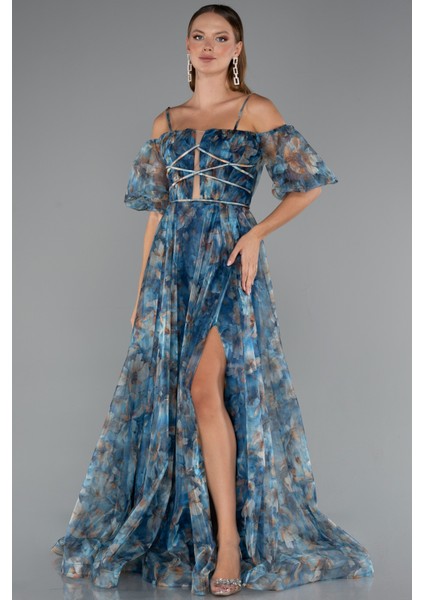 Bacak Dekolteli Balon Kol Uzun Desenli Abiye ABU5221