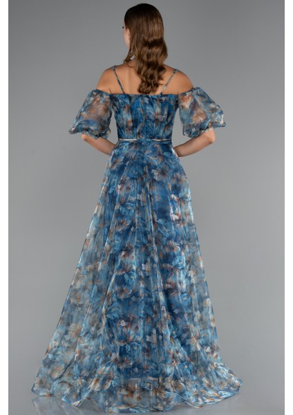 Bacak Dekolteli Balon Kol Uzun Desenli Abiye ABU5221 fiyatları