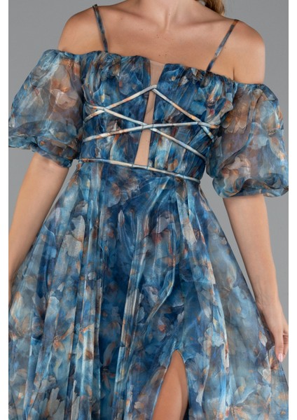 Bacak Dekolteli Balon Kol Uzun Desenli Abiye ABU5221 modelleri