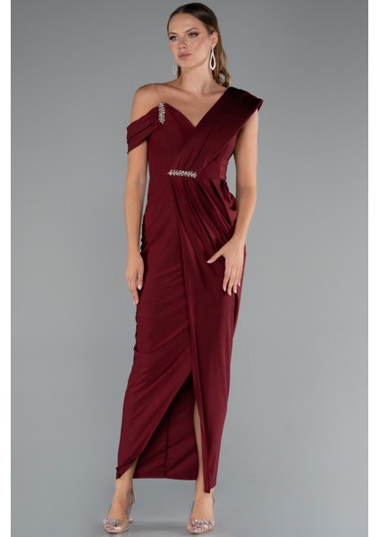 Tek Omuz Yırtmaçlı Midi Davet Elbisesi ABK2423