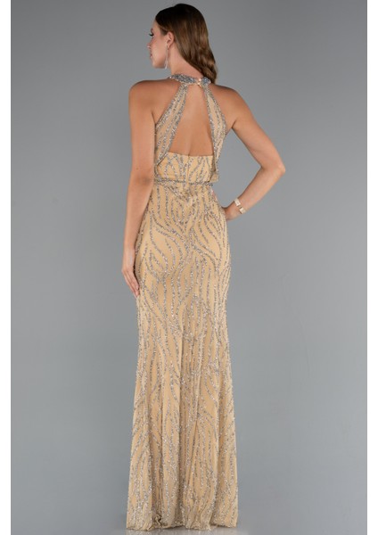 Halter Yaka Bacak Dekolteli Uzun Simli Abiye ABU5213 fiyatları