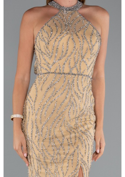 Halter Yaka Bacak Dekolteli Uzun Simli Abiye ABU5213 modelleri