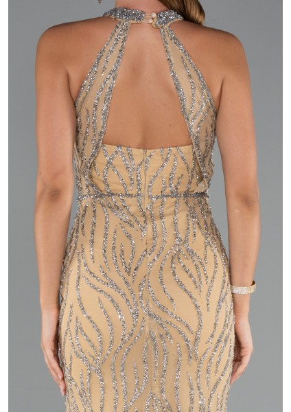 Halter Yaka Bacak Dekolteli Uzun Simli Abiye ABU5213 fırsatları