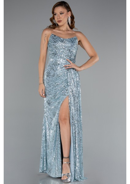 Straplez Yırtmaçlı Uzun Pullu Abiye Elbise ABU5167