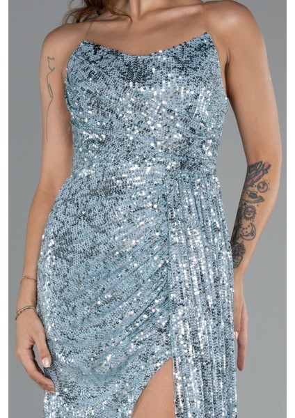 Straplez Yırtmaçlı Uzun Pullu Abiye Elbise ABU5167 modelleri