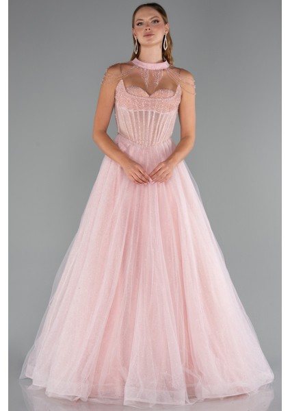 Taşlı Yaka Aksesuarlı Uzun Simli Nişanlık ABU5220