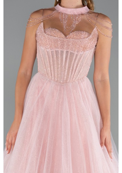 Taşlı Yaka Aksesuarlı Uzun Simli Nişanlık ABU5220 modelleri