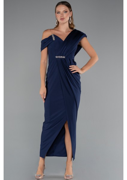 Tek Omuz Yırtmaçlı Midi Davet Elbisesi ABK2423