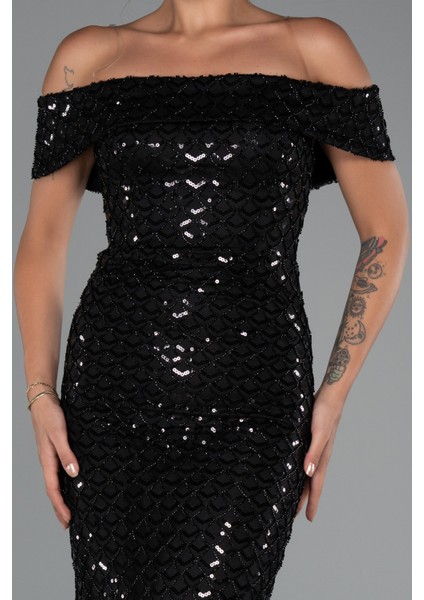 Kayık Yaka Boncuklu Uzun Abiye Elbise ABU5186 modelleri