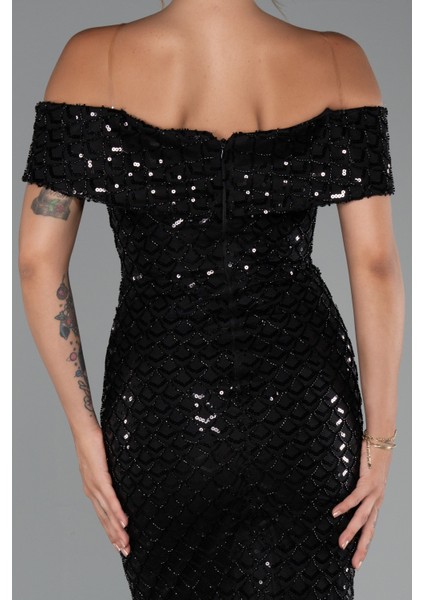 Kayık Yaka Boncuklu Uzun Abiye Elbise ABU5186 fırsatları