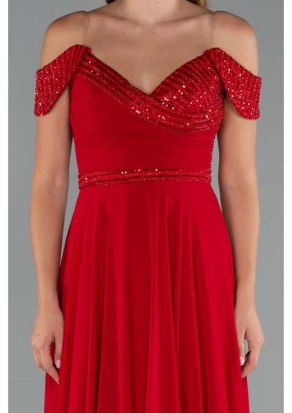 Pullu Kayık Yaka Uzun Şifon Abiye Elbise ABU5225 modelleri