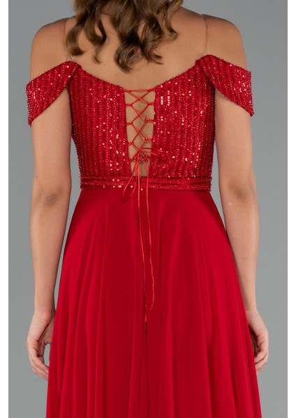 Pullu Kayık Yaka Uzun Şifon Abiye Elbise ABU5225 fırsatları