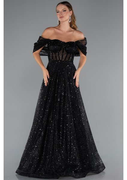 Kayık Yaka Saten Peplum Kesim Uzun Şifon Abiye ABU5226