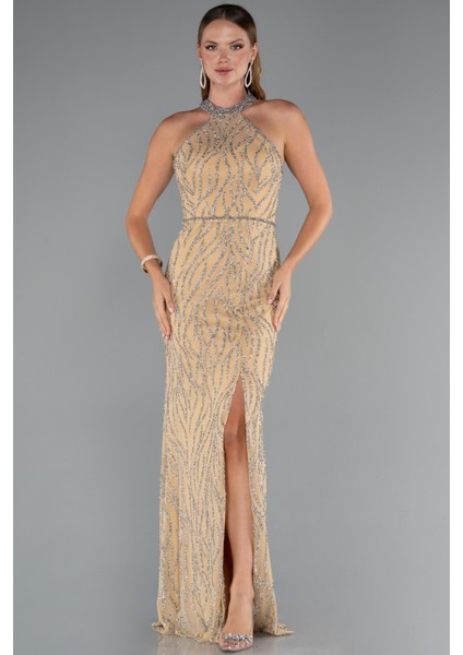 Halter Yaka Bacak Dekolteli Uzun Simli Abiye ABU5213