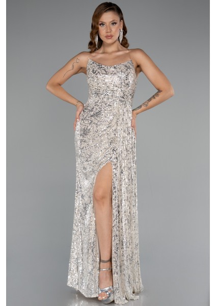 Straplez Yırtmaçlı Uzun Pullu Abiye Elbise ABU5167