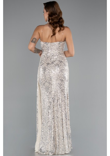 Straplez Yırtmaçlı Uzun Pullu Abiye Elbise ABU5167 fiyatları