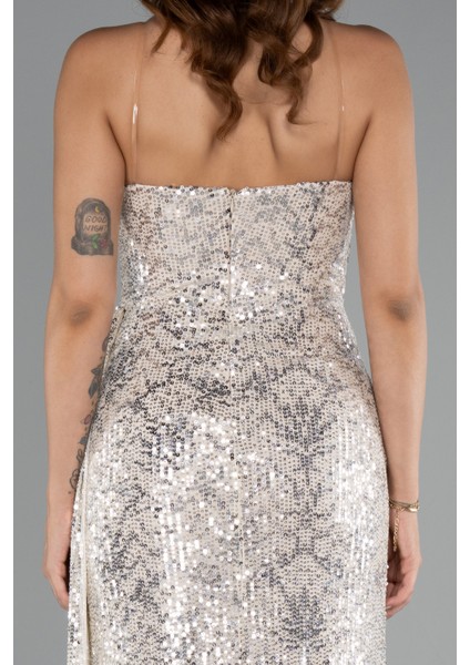 Straplez Yırtmaçlı Uzun Pullu Abiye Elbise ABU5167 fırsatları