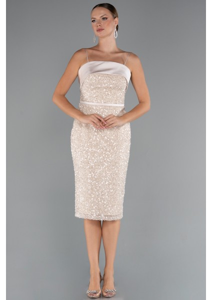 Askılı Midi Pul Payet Gece Elbisesi ABK2429